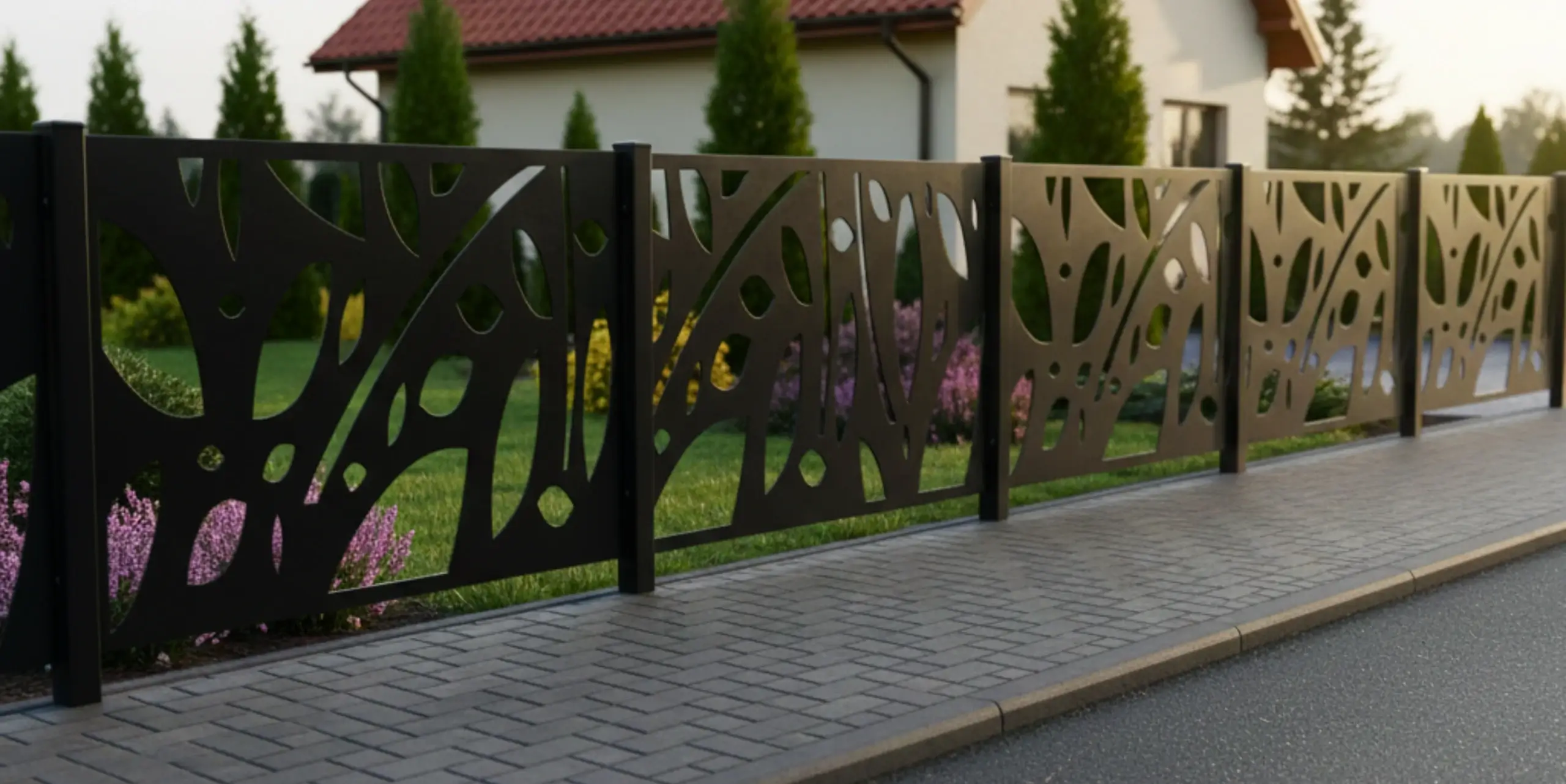 Designerskie ogrodzenie z ażurowym wzorem ciętym laserowo przy nowoczesnym budynku.