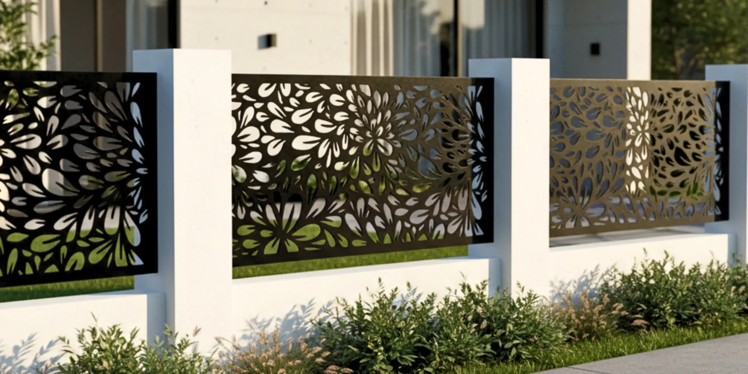 Nowoczesne ogrodzenie z ciemnymi, ażurowymi elementami na tle zieleni i jasnej architektury.