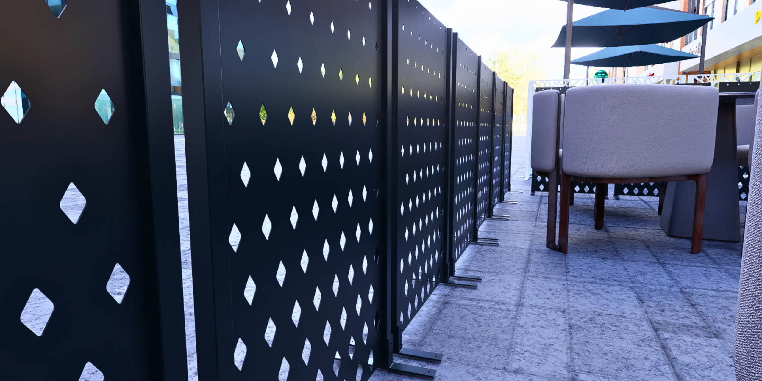 Wizualizacja pokazuje zestaw ciemnych paneli z ażurowymi otworami ustawionych na zewnętrznym tarasie w przestrzeni miejskiej.