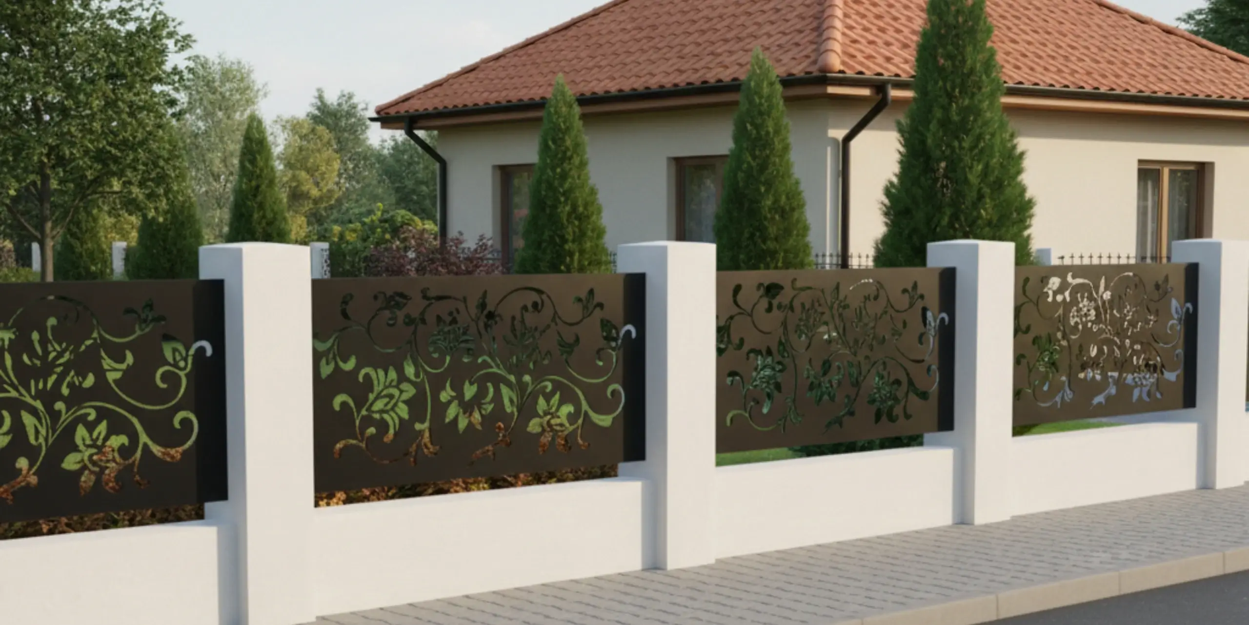 • Metalowe ogrodzenie z dekoracyjnym panelem wypalanym laserowo w aranżacji ogrodu.