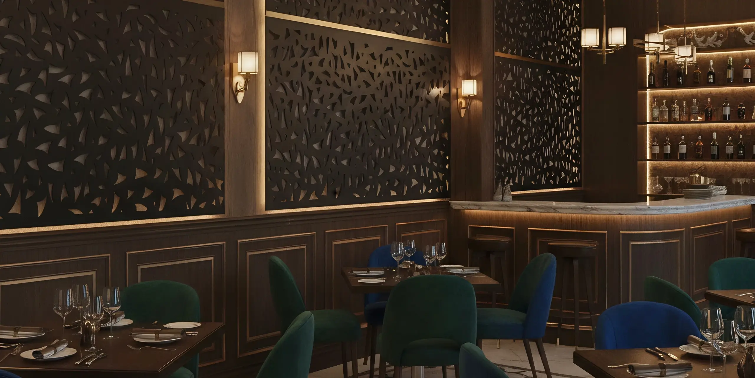 Geometryczne metalowe ozdoby komód w nowoczesnym wnętrzu restauracji