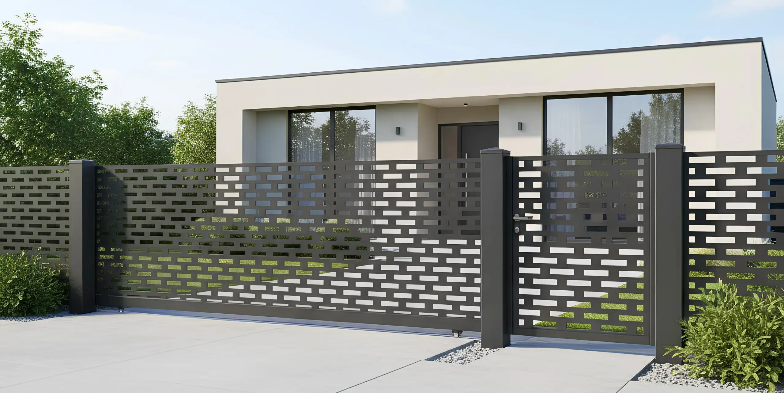 Reprezentacyjne ogrodzenie posesji luksusowej, stalowe przęsła i brama automatyczna, elegancka architektura
